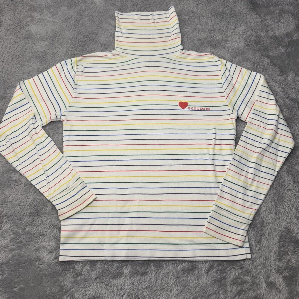 VTG Retro 80s 90s Turtleneck Rainbow Striped Eclipse Women's M Fitted Longsleeve
